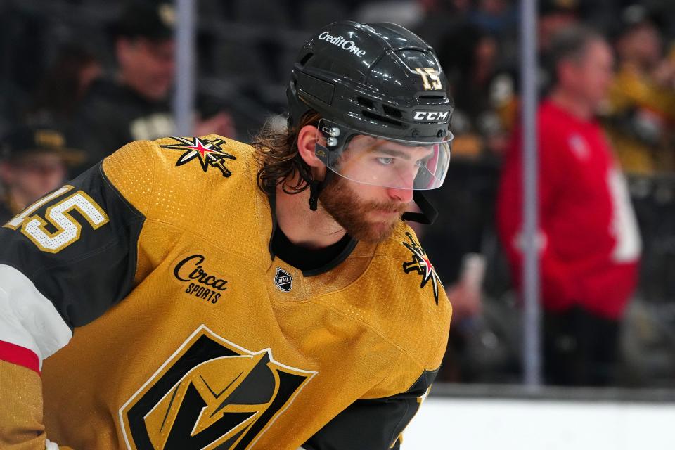 Newly acquired Vegas Golden Knights defenseman Noah Hanifin (15) warms up before a game against the Vancouver Canucks at T-Mobile Arena.