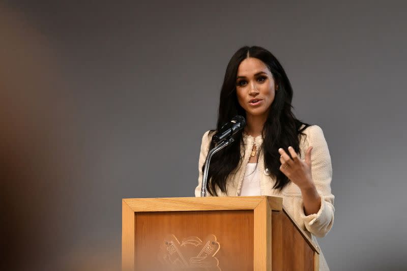 FILE PHOTO: Britain's Meghan, Duchess of Sussex speaks during a school assembly as part of a visit to Robert Clack School in Essex