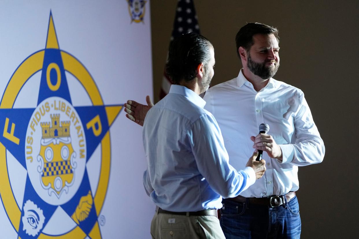 Oct 5, 2022; Columbus, Ohio, USA;  J.D. Vance campaigns with Donald Trump Jr. at Copper Lodge Hall in Westerville. Mandatory Credit: Adam Cairns-The Columbus Dispatch