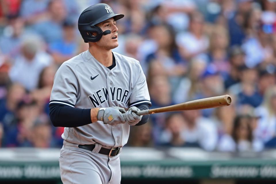 New York Yankees' Anthony Rizzo watches his solo home run off Cleveland Guardians starting pitcher Aaron Civale during the fourth inning in the second baseball game of a doubleheader Saturday, July 2, 2022, in Cleveland. (AP Photo/David Dermer)