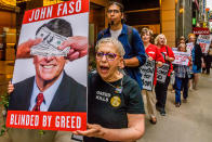 <p>New Yorkers and healthcare advocacy groups organized a protest on July 10, 2017, outside Rep. John Faso’s fundraiser as donors arrive at the Park Imperial at 230 West 56th St. in Midtown Manhattan. Faso voted for the House Trumpcare bill in May, he also co-authored the notorious Collins-Faso amendment to both the House and Senate bills that would shift New York Medicaid funding from counties budgets to the state budget. (Photo: Erik McGregor/Pacific Press/LightRocket via Getty Images) </p>