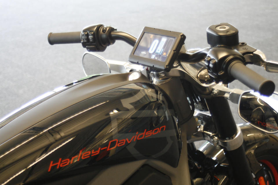 This Wednesday, June 18, 2014 photo shows the control screen on Harley-Davidson's new electric motorcycle, at the company's research facility in Wauwatosa, Wis. The company plans to unveil the LiveWire model Monday, June 23, at an invitation-only event in New York. (AP Photo/M.L. Johnson)