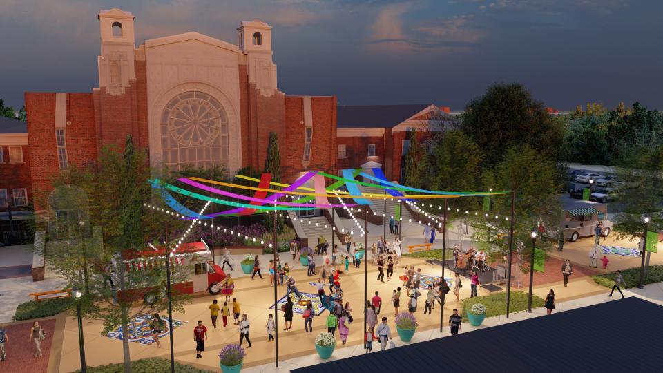 Conceptual plans for creation of a festival plaza in Capitol Hill includes new lighting, seating, spots for food trucks, a  mosaic style street mural and colorful street banners.