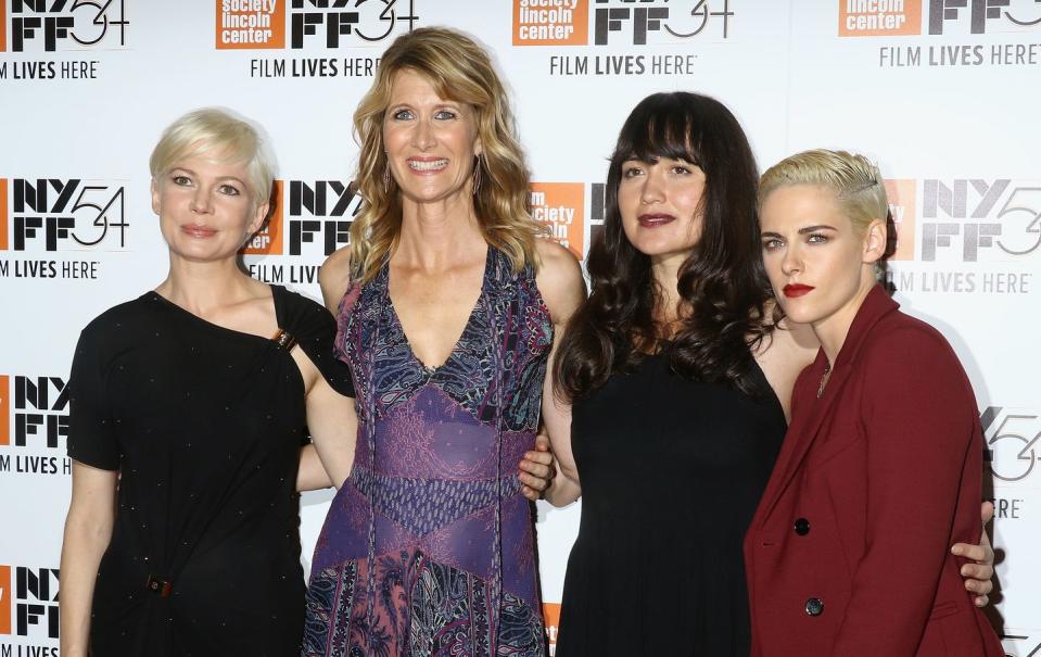michelle williams, laura dern, lily gladstone, and kristin stewart posing alongside each other at the new york film festival