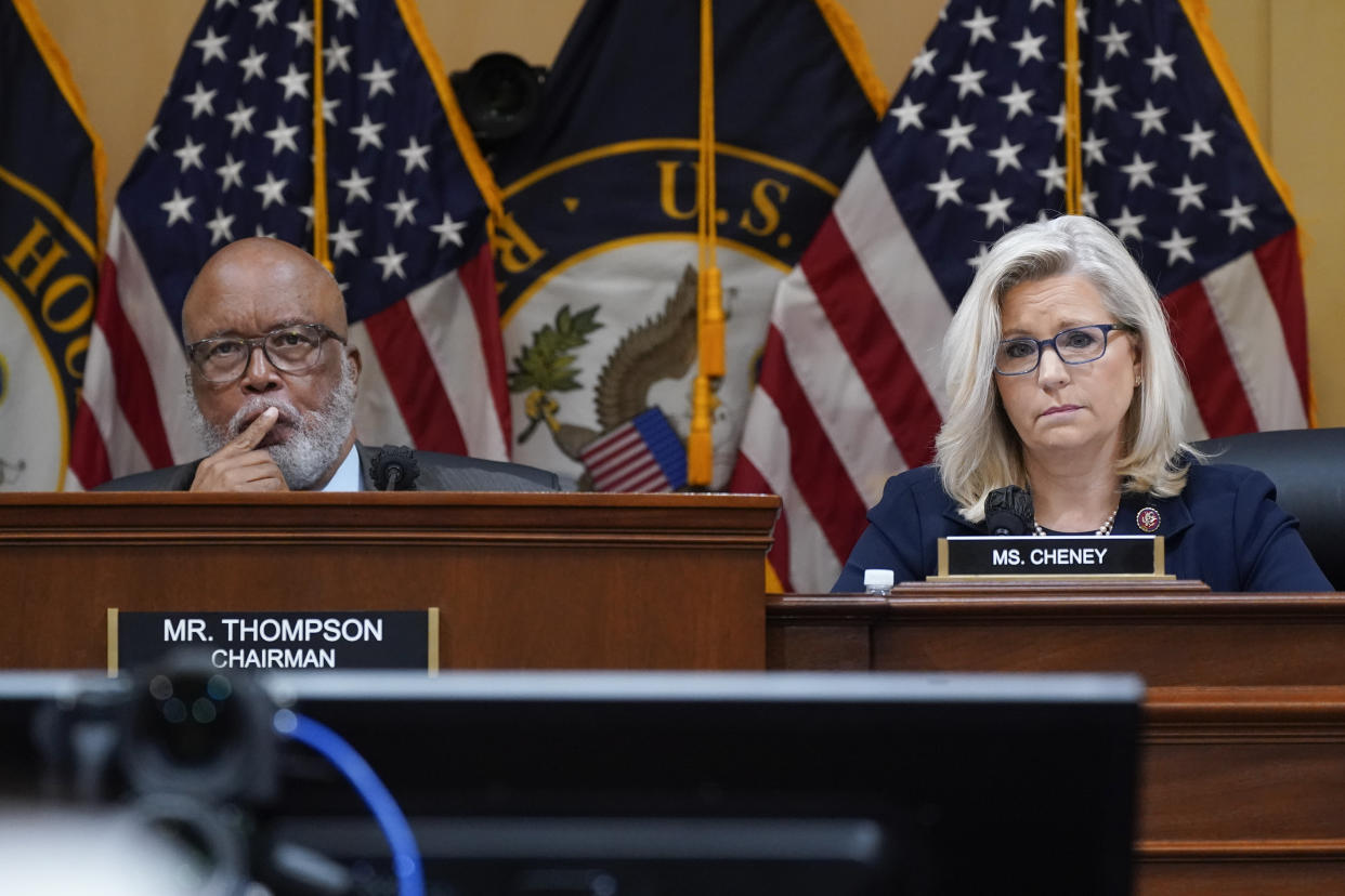 Chairman Bennie Thompson, D-Miss., and Vice Chair Liz Cheney, R-Wyo., listen as Cassidy Hutchinson, former aide to Trump White House chief of staff Mark Meadows, testifies as the House select committee investigating the Jan. 6 attack on the U.S. Capitol holds a hearing in Washington. (J. Scott Applewhite/AP)