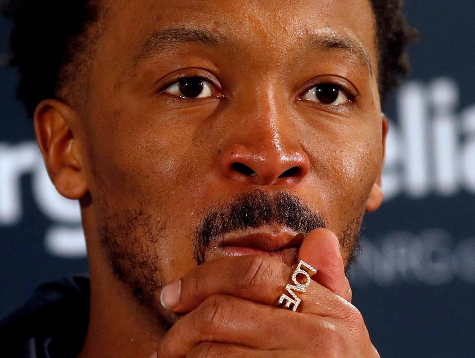 FILE - Houston Texans wide receiver Demaryius Thomas speaks after the team's NFL football game against the Denver Broncos on Nov. 4, 2018, in Denver. Thomas, who eared five straight Pro Bowls and a Super Bowl ring during a prolific receiving career spent mostly with the Broncos, has died at the age of 33. Thomas was found dead in his suburban Atlanta home Thursday night, Dec. 9, 2021, said Officer Tim Lupo, public information officer for the police department in Roswell, Ga. (AP Photo/David Zalubowski, File)