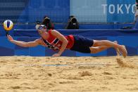 <p>Norway's Anders Berntsen Mol reaches for the ball in their men's beach volleyball quarter-final match between Russia and Norway during the Tokyo 2020 Olympic Games at Shiokaze Park in Tokyo on August 4, 2021. (Photo by Martin BERNETTI / AFP)</p> 