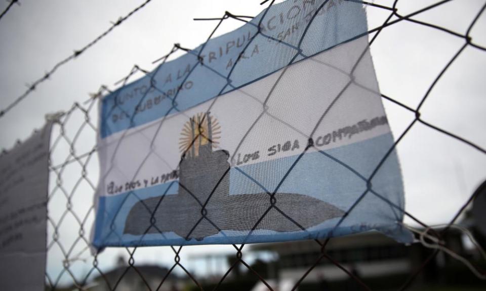 An Argentinian national flag with messages in support of the 44 crew members of the missing ARA San Juan submarine at the Mar del Plata naval base.