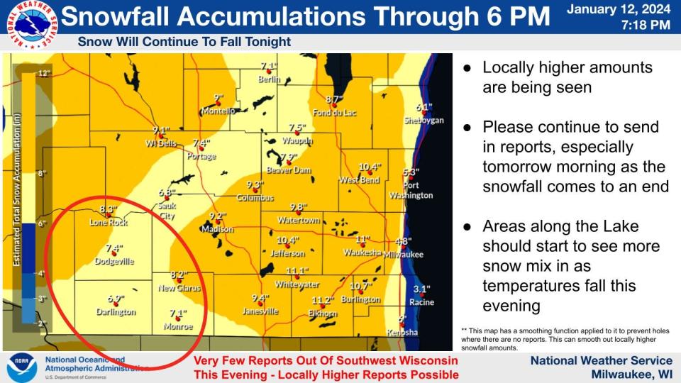 Estimated snowfall amounts from 4 a.m. until 6 p.m. Friday, Jan. 12, 2024.