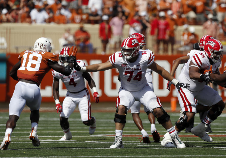 Louisiana OT Max Mitchell (74) has good length, is improved as a pass blocker and gives good push in the run game. (Photo by Adam Davis/Icon Sportswire via Getty Images)