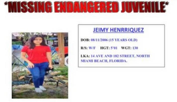 The North Miami Beach alert for missing Jeimy Henrriquez.