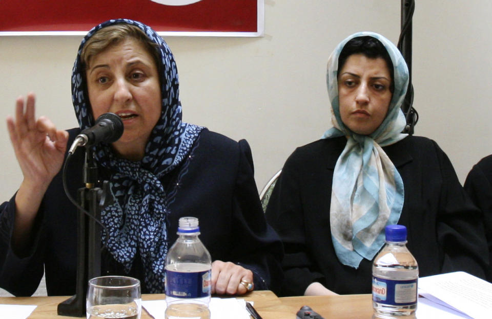 Prominent Iranian human rights activist Narges Mohammadi, right, listens to Iranian Nobel Peace Prize laureate Shirin Ebadi while attending a meeting on women's rights in Tehran, Iran, on Aug. 27, 2007. The Nobel Peace Prize has been awarded to Narges Mohammadi for fighting oppression of women in Iran. The chair of the Norwegian Nobel Committee announced the prize Friday, Oct. 6, 2023 in Oslo. (AP Photo/Vahid Salemi)