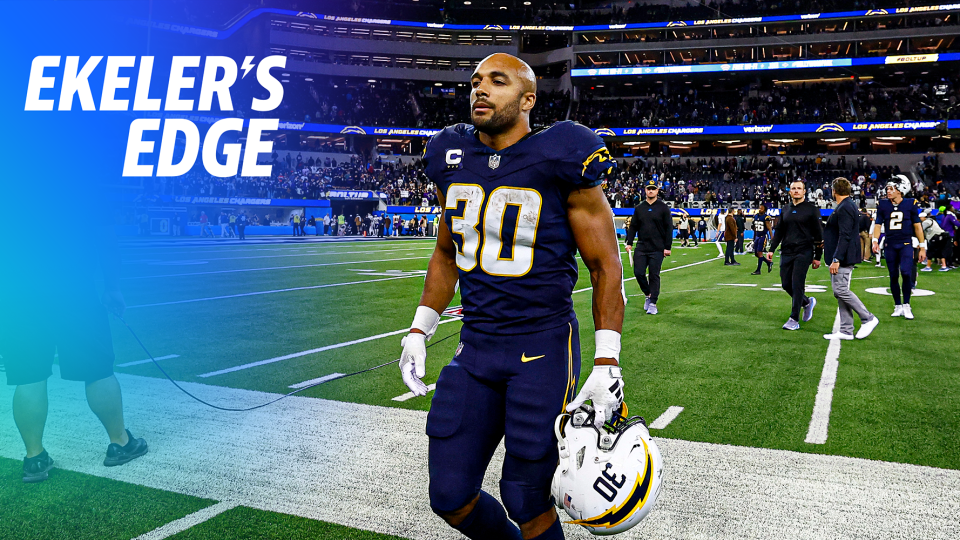 Austin Ekeler está de volta para mais um episódio de ‘Ekeler’s Edge’ após a semana de férias.  Matt Harmon e Ekeler discutem o estado atual dos Chargers e o desempenho mais recente do RB.  Ekeler reagiu ao ser colocado no 'Medidor de Pânico do Povo' e garantiu aos dirigentes do Fantasy que está fazendo tudo o que pode para mudar a temporada.  (Crédito: Ronald Martinez/Getty Images)