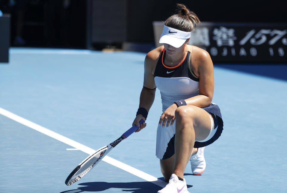 Canada's Bianca Andreescu reacts during her second round match against Taiwan's Hsieh Su-Wei at the Australian Open tennis championship in Melbourne, Australia, Wednesday, Feb. 10, 2021.(AP Photo/Rick Rycroft)