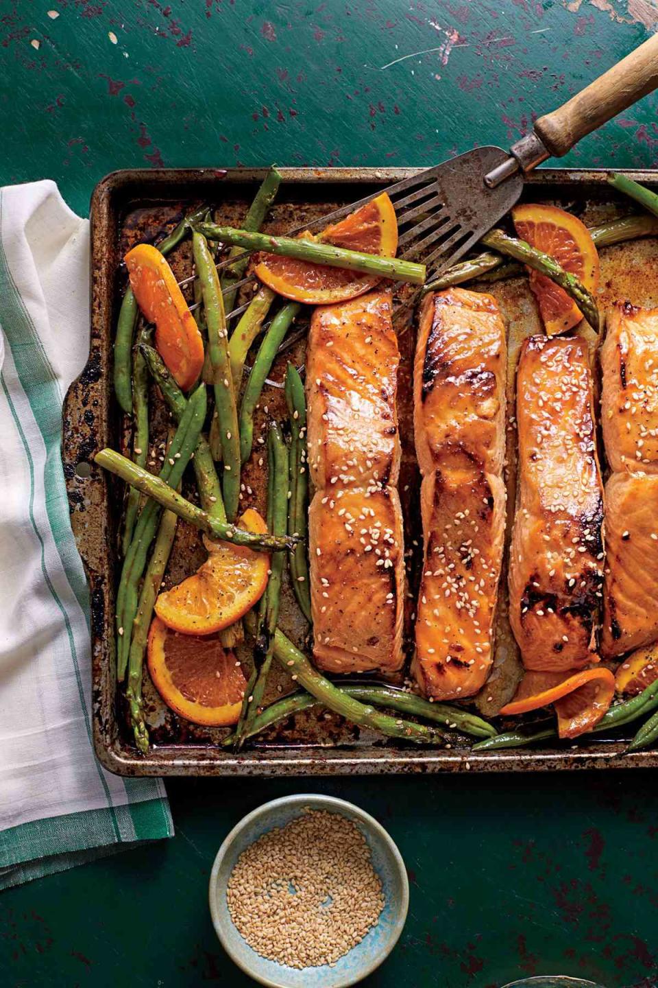 Honey-Soy-Glazed Salmon with Veggies and Oranges