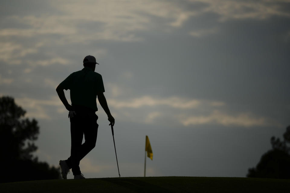 Scottie Scheffler waits to putt on the 17th hole during the first round of the Masters golf tournament at Augusta National Golf Club on Thursday, April 6, 2023, in Augusta, Ga. (AP Photo/Matt Slocum)