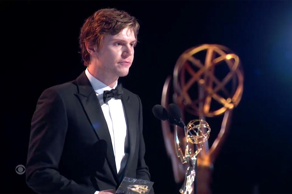 <p><a href="https://people.com/tv/2021-emmy-awards-evan-peters-supporting-actor-limited-series-win/" rel="nofollow noopener" target="_blank" data-ylk="slk:took home his first Emmy for outstanding supporting actor in a limited anthology series or movie;elm:context_link;itc:0;sec:content-canvas" class="link ">took home his first Emmy for outstanding supporting actor in a limited anthology series or movie</a> for playing Detective Colin Zabel in <em>Mare of Easttown. </em>In his acceptance speech, the actor made sure to shout out his costar, Kate Winslet, "For being Kate Winslet!" </p>