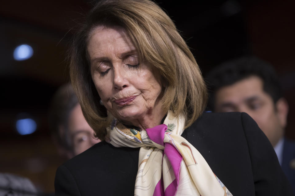 <p>House Minority Leader Nancy Pelosi leads a news conference with House Democrats as lawmakers gather at the Capitol on the first day of a government shutdown after a divided Senate rejected a funding measure last night, at the Capitol in Washington, Saturday, Jan. 20, 2018. (Photo: J. Scott Applewhite/AP) </p>