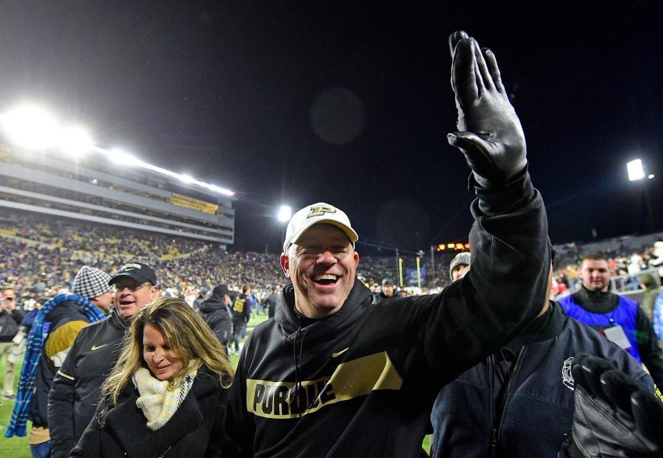 Oct 20, 2018; West Lafayette, IN, USA; Purdue Boilermaker head coach Jeff Brohm celebrates after they defeated Ohio State Buckeyes 49-20 at Ross-Ade Stadium. Mandatory Credit: Thomas J. Russo-USA TODAY Sports
