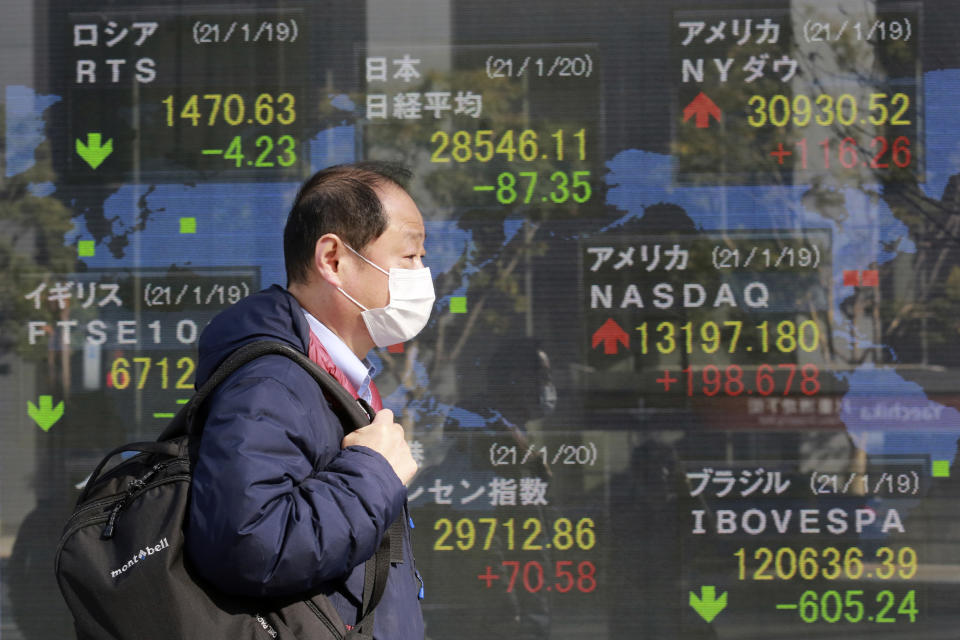 A man walks by an electronic stock board of a securities firm in Tokyo, Wednesday, Jan. 20, 2021. Asian shares were mostly higher Wednesday, ahead of Joe Biden's inauguration as president, ending President Donald Trump’s four-year term. Japan's benchmark lost early gains as worries grew about the surge in coronavirus cases. (AP Photo/Koji Sasahara)