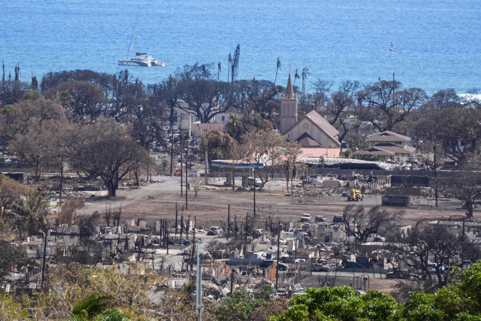 This file photo shows historic Maria Lanakila Catholic Church still standing after a wildfire destroyed much of Lahaina, Hawaii last week.