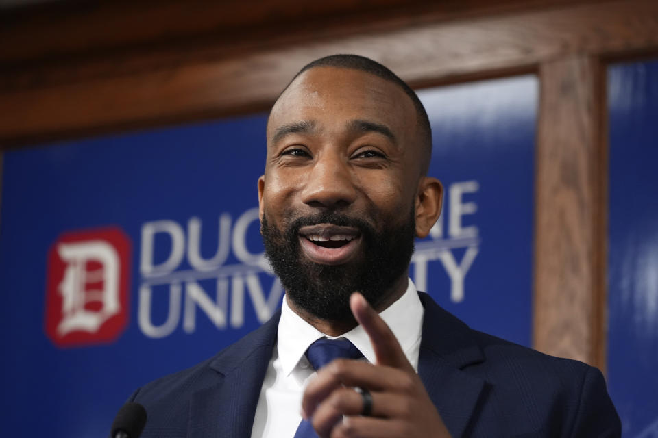 Dru Joyce III speaks after being introduced as the new head coach of the Duquesne University men's basketball team in Pittsburgh, Monday, April 1, 2024. (AP Photo/Gene J. Puskar)