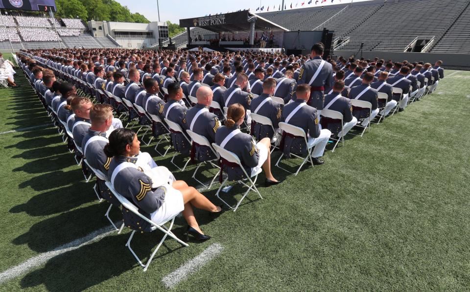 Cadets take part in the 2022 graduation and commissioning ceremony at the U. S. Military Academy at West Point in Highland Falls on Saturday.