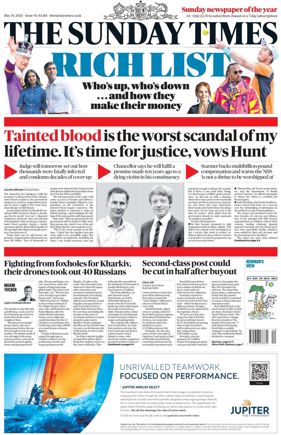 The Sunday Times front page focuses on the infected blood inquiry