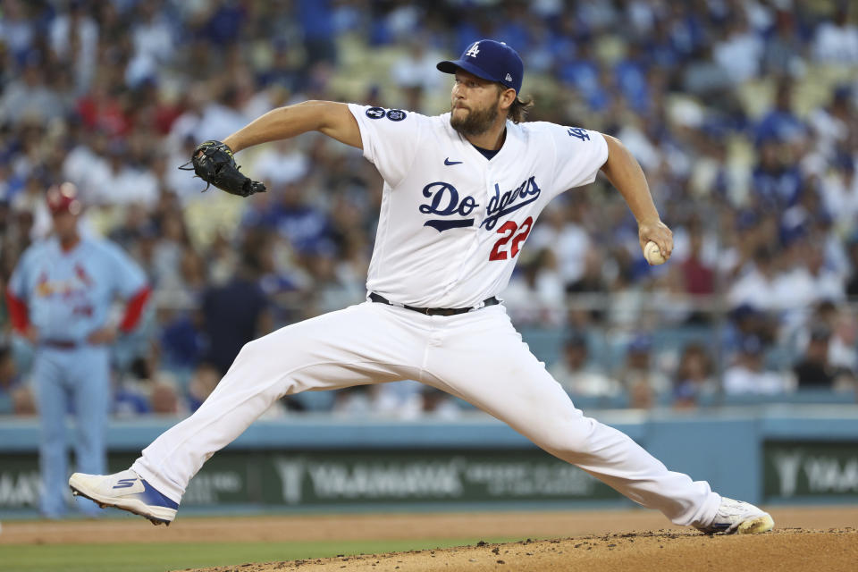 Los Angeles Dodgers starting pitcher Clayton Kershaw throws to the plate during the second inning of a baseball game against the St. Louis Cardinals, Saturday, Sept. 24, 2022, in Los Angeles. (AP Photo/Raul Romero Jr.)