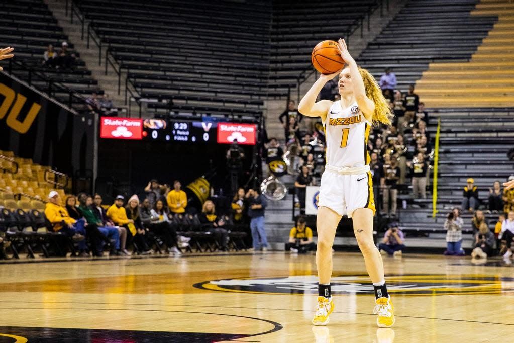 Missouri guard Lauren Hansen takes a jump shot during a game against Vanderbilt on Feb. 3, 2023, in Columbia, Mo.