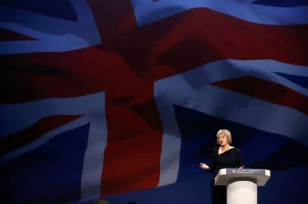 Britain's Home Secretary Theresa May speaks on the third day of the Conservative Party Conference in Manchester northern Britain, October 6 , 2015. REUTERS/Phil Noble