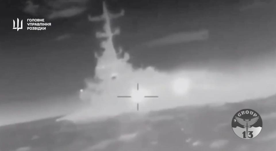Footage appearing to show a Ukrainian drone boat attacking the Ivanovets, a Russian warship.