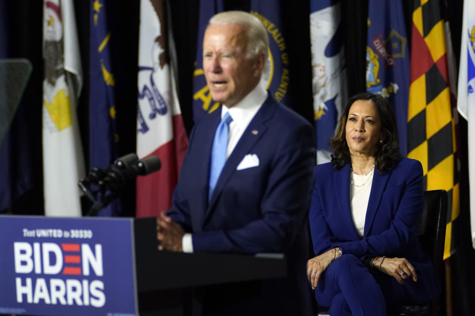 Democratic presidential candidate former Vice President Joe Biden speaks during a campaign event with his running mate Sen. Kamala Harris, D-Calif., at Alexis Dupont High School in Wilmington, Del., Wednesday, Aug. 12, 2020. (AP Photo/Carolyn Kaster)