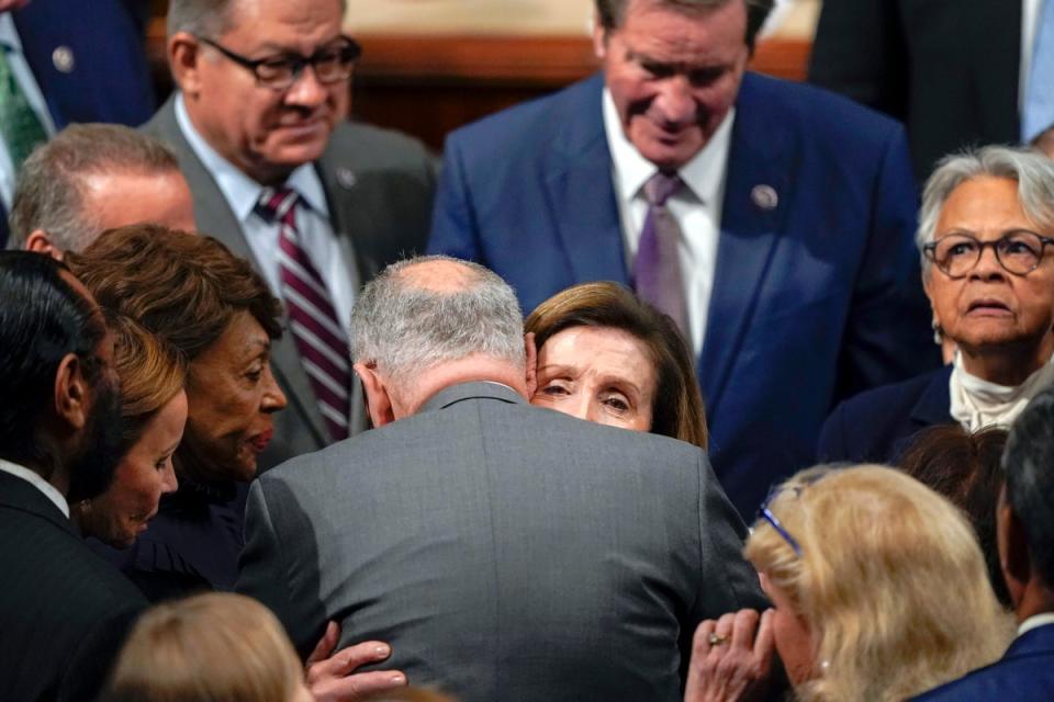 Nancy Pelosi and Chuck Schumer hug after she delivered her speech announcing she was standing down as leader of the house (Copyright 2022 The Associated Press. All rights reserved)