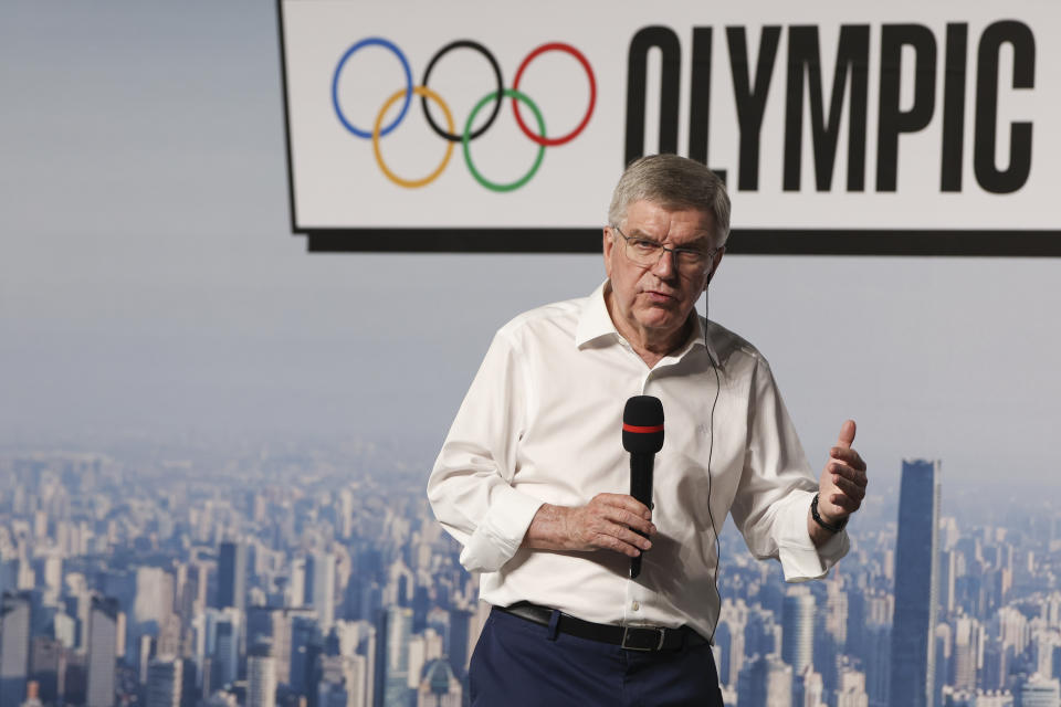 SHANGHAI, CHINA - MAY 19: International Olympic Committee President Thomas Bach speaks in a press conference during 2024 Olympic Qualifier Series on May 19, 2024 in Shanghai, China.(Photo by Zhe Ji/Getty Images)