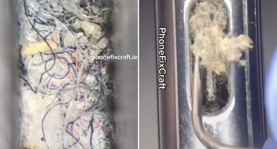 The charger port of an iPhone is pictured being cleaned with lint, hair and dirt removed.