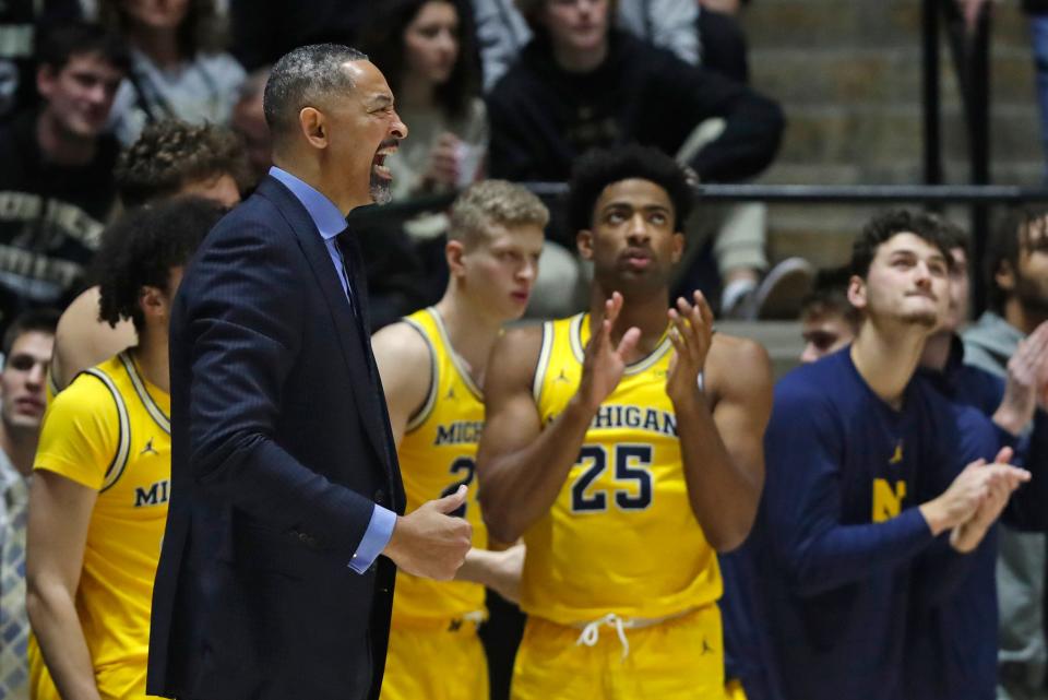 Michigan Wolverines head coach Juwan Howard yells down court during the NCAA men’s basketball game against the Purdue Boilermakers, Tuesday, Jan. 23, 2024, at Mackey Arena in West Lafayette, Ind. Purdue Boilermakers won 99-67.