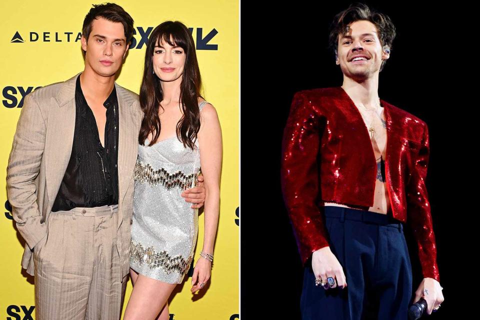 <p>Daniel Boczarski/Getty Images; JMEnternational/Getty Images</p> (Left-right:) Anne Hathaway and Nicholas Galitzine on March 16; Harry Styles on Feb. 11
