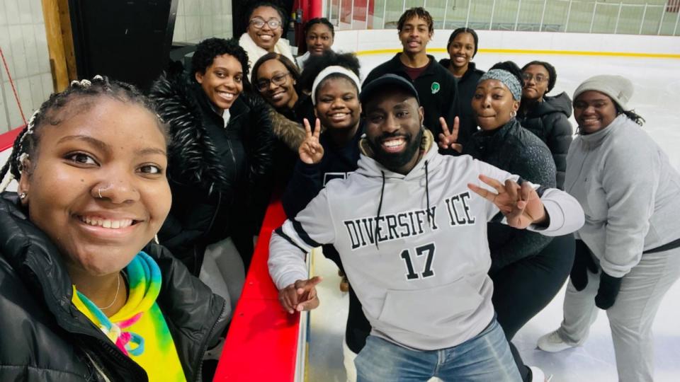 PHOTO: Diversify Ice founder and CEO Joel Savary poses for a photo with the Howard University Figure Skating Team. (Courtesy Joel Savary)