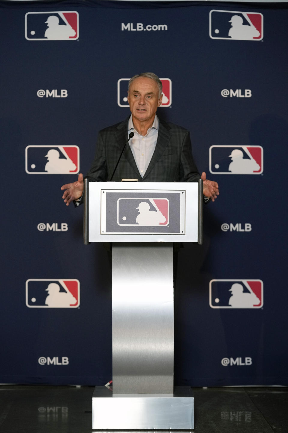 Major League Baseball commissioner Rob Manfred speaks during a news conference after an owners meeting in Arlington, Texas, Thursday, Nov. 16, 2023. The Oakland Athletics’ move to Las Vegas was unanimously approved Thursday by Major League Baseball team owners, cementing the sport’s first relocation since 2005. (AP Photo/LM Otero)