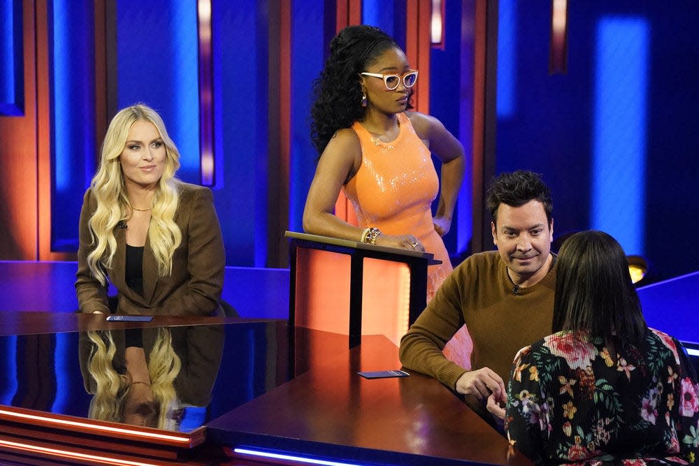 Lindsey Vonn, Keke Palmer, Jimmy Fallon and contestant Jackie Galgey of Atlantic Highlands on "Password."