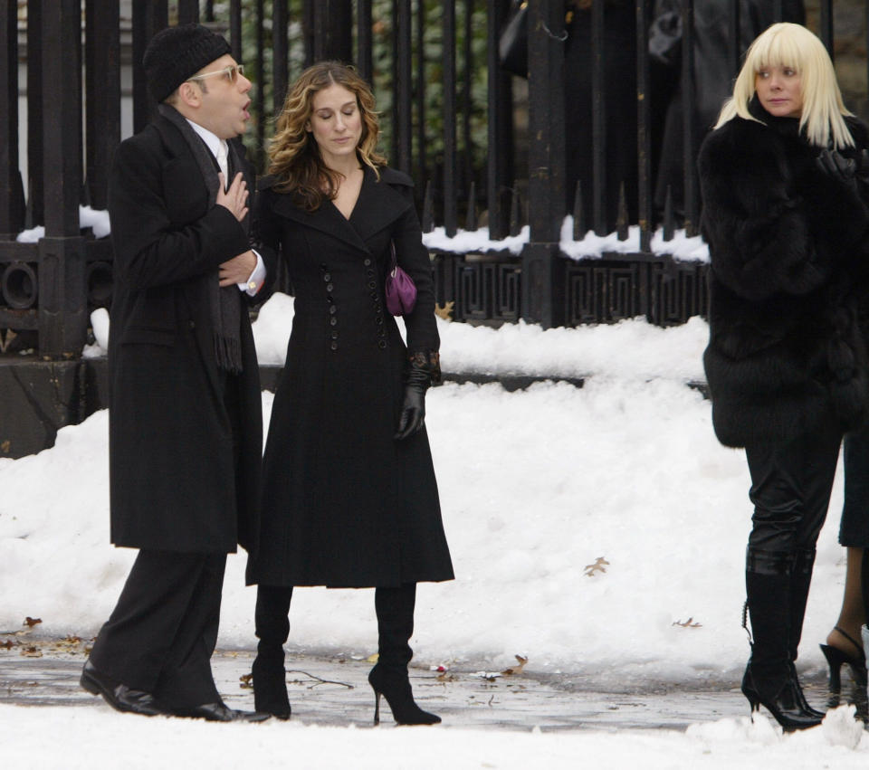 Willie Garson (from left), Sarah Jessica Parker and Kim Cattrall film a scene for the hit HBO series "Sex and the City" outside St. Marks Church in the East Village in 2003 in New York City. (Mark Mainz/Getty Images)
