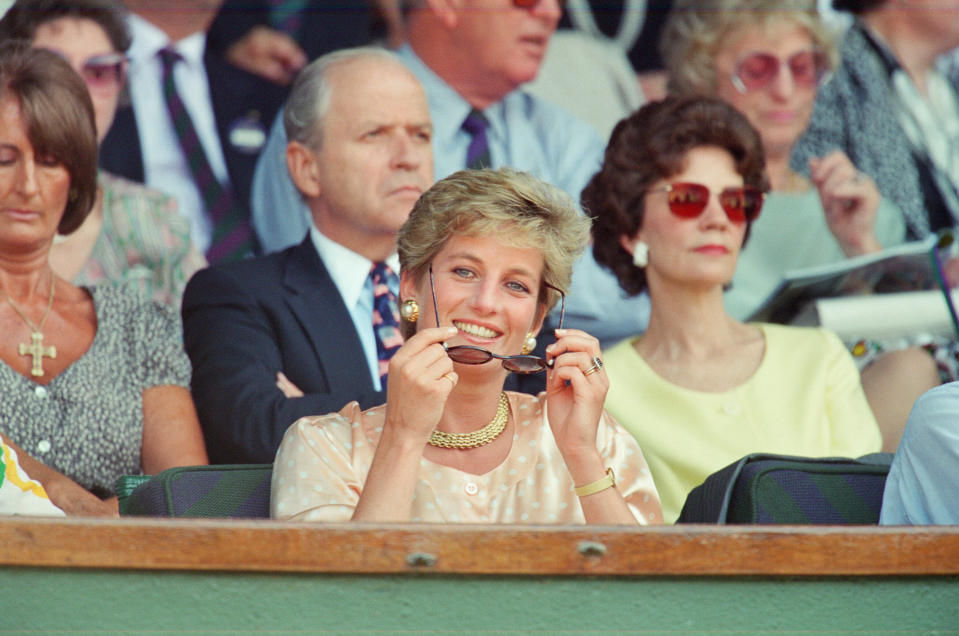 <p>Princess Diana watching Pete Sampras defeat Jim Courier in the 1993 Men's Singles Wimbledon Tennis Final with to her mother Frances Shand Kydd. (Getty Images)</p> 