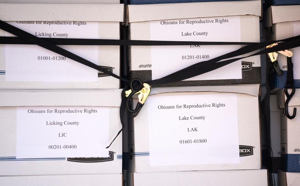 Boxes of signatures for the reproductive freedom ballot initiative at the loading dock of the office of the Secretary of State in Downtown Columbus.