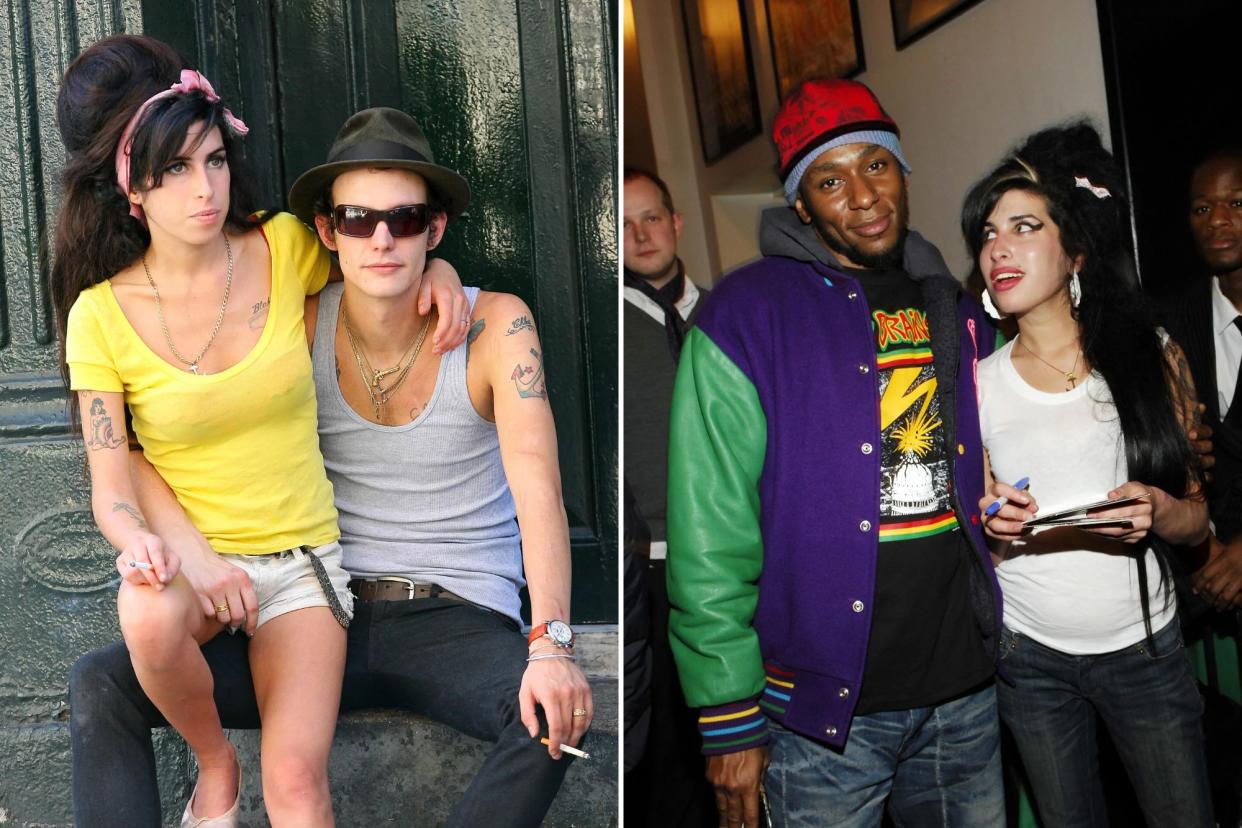 Photo of Amy Winehouse on the lap of husband Blake Fielder-Civic and another photo of her with Mos Def backstage at Joe's Pub.