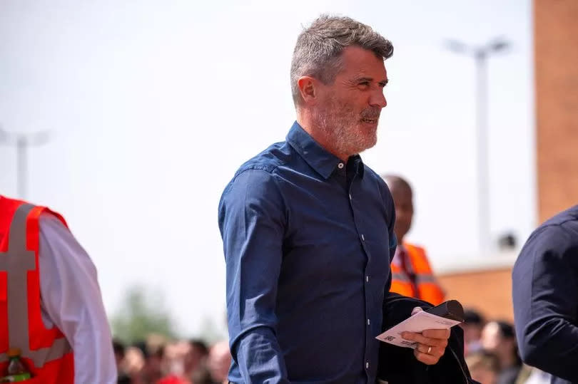 Former Manchester United player and sports pundit Roy Keane arrives before the Premier League match between Manchester United and Arsenal FC at Old Trafford on May 12, 2024 in Manchester, England.