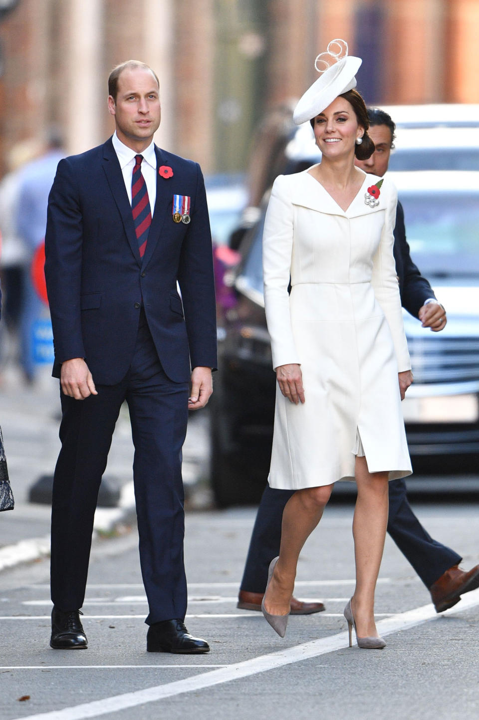 <p><strong>When:</strong> July 30, 2017 <strong>Where:</strong> Commemorating the Battle of Passchendaele in Belgium <strong>Wearing:</strong> Alexander McQueen white coat dress <strong>Get the Look:</strong> Badgley Mischka Collection Long-Sleeve Dress, $295; <span>shopbop.com</span> BOSS Dylena Fit-and-Flare Dress, $249.50; <span>bloomingdales.com</span> Kensie Notch Lapel Peplum Coat, $139.90; <span>nordstrom.com</span> Thalia Sodi Bell-Sleeve Sheath Dress, $74.99; <span>macys.com</span></p>