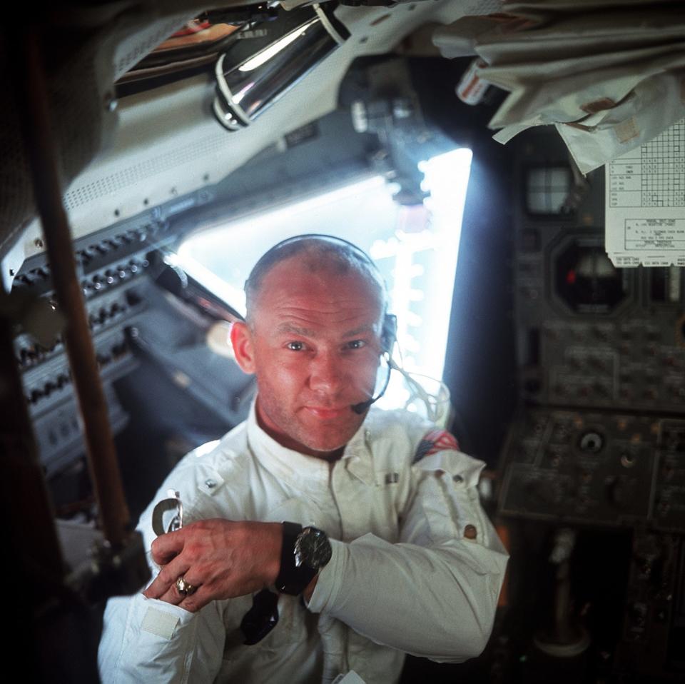 This interior view of the Apollo 11 Lunar Module (LM) shows astronaut Buzz Aldrin, lunar module pilot, during the lunar landing mission.