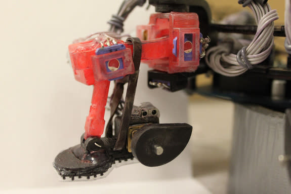 A close-up of one of the Abigaille wall-crawler robot's six feet, which has six degrees of freedom for agile climbing and dry adhesives on its footpad to keep it stuck to surfaces.