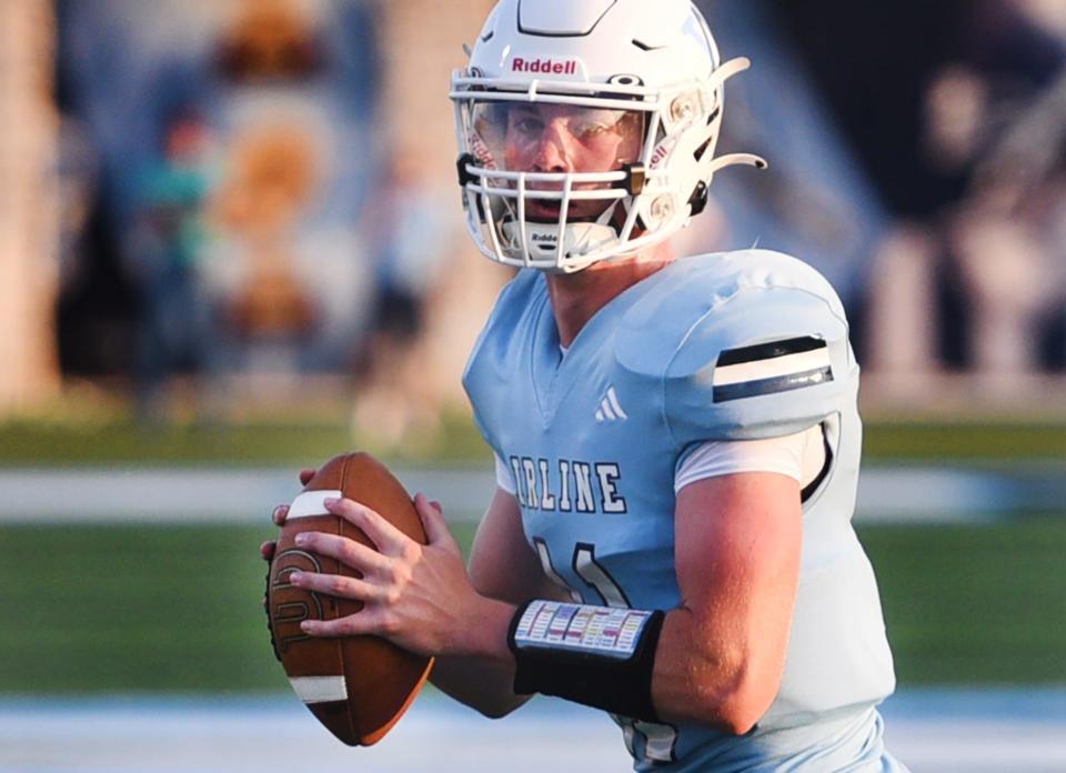 Airline quarterback Ben Taylor fired four TD passes leading the Vikings past North DeSoto 53-42 Friday night.